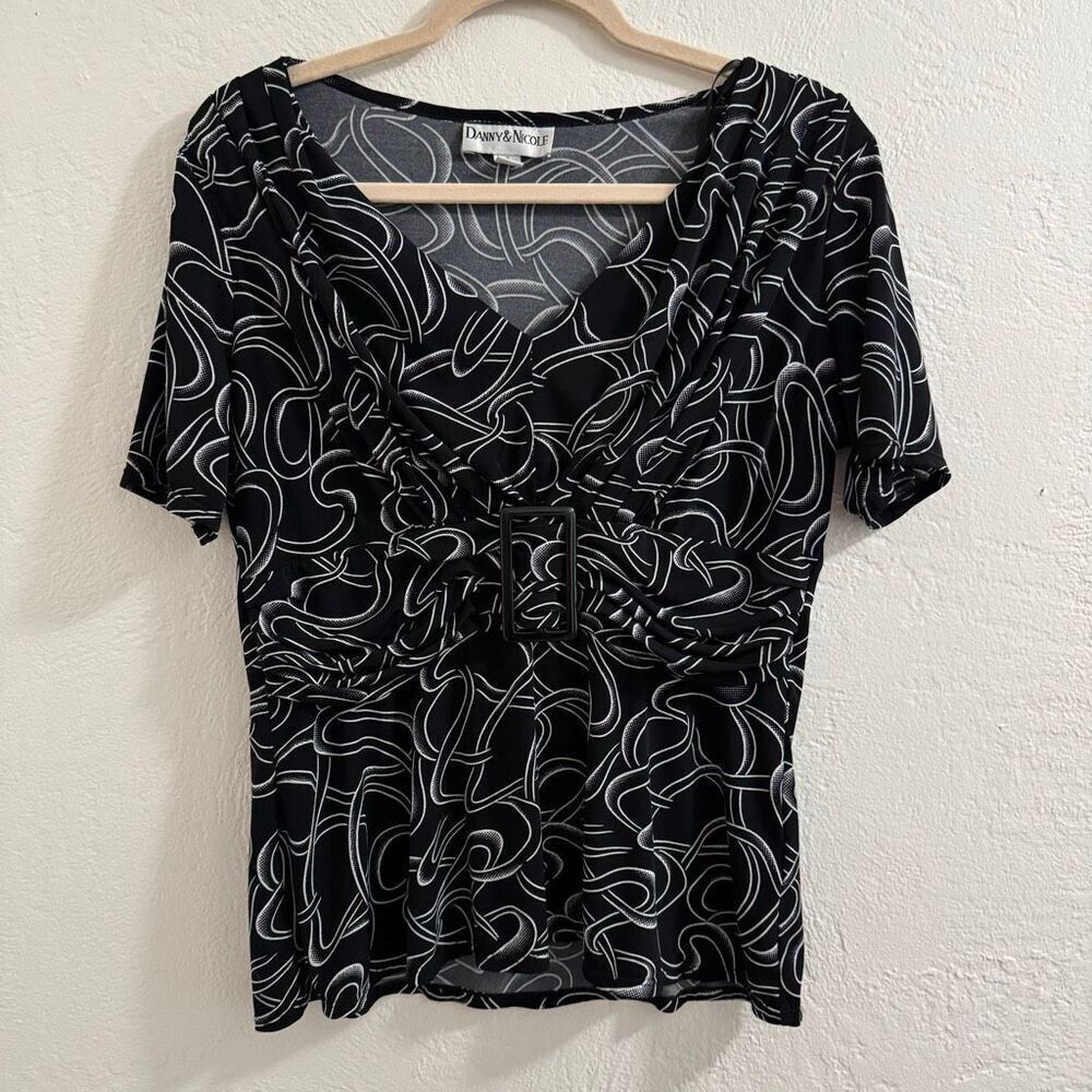 Vintage Black & White Patterned Buckle Waist Career Blouse 12